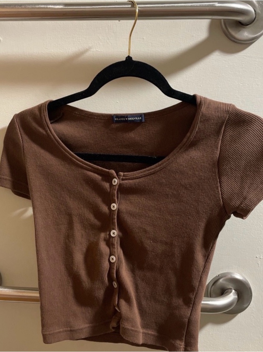 Brandy Melville Brown Ribbed Button-Front Crop Top